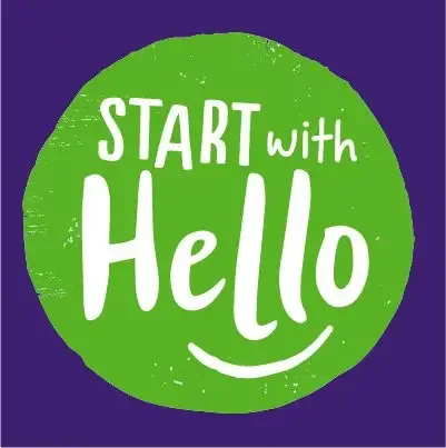 A green circle on a purple background displays the text "Start with Hello" with a curved smile shape underneath.