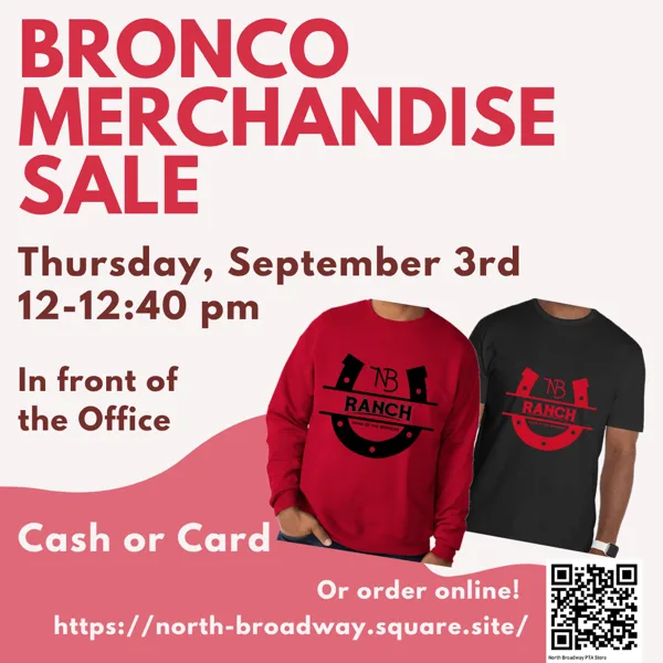A school flyer showing two people wearing red and black NB Ranch branded shirts available for purchase at the Bronco Merchandise Sale.
