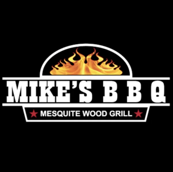 Logo for Mike's BBQ Mesquite Wood Grill featuring bold white text and flames on a black background with red star accents.