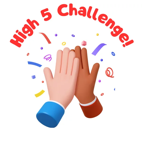 Two 3D-illustrated hands of different skin tones giving a high five surrounded by colorful confetti, with the text "High 5 Challenge!" arched above in red lettering.