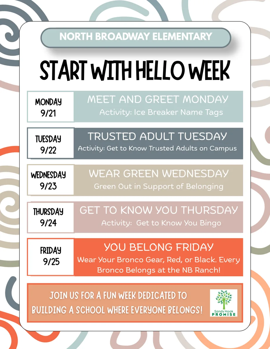 A colorful school flyer listing daily themed activities for Start With Hello Week at North Broadway Elementary, September 21–25.