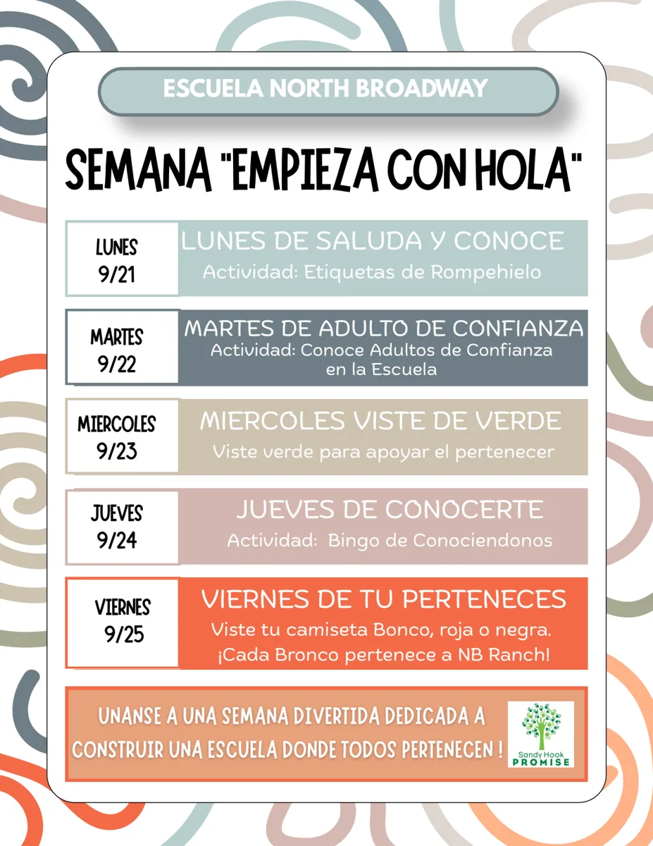Un volante escolar colorido con un diseño de espirales en el fondo, organizado en una tabla de cinco filas con bloques de colores pastel que van del verde azulado al gris, verde, rosa y naranja, con el logotipo de Sandy Hook Promise en la esquina inferior derecha.