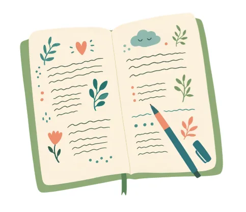 An illustrated open journal with decorative botanical doodles, a heart, a cloud, and wavy handwritten lines, with a teal pencil resting across the right page.