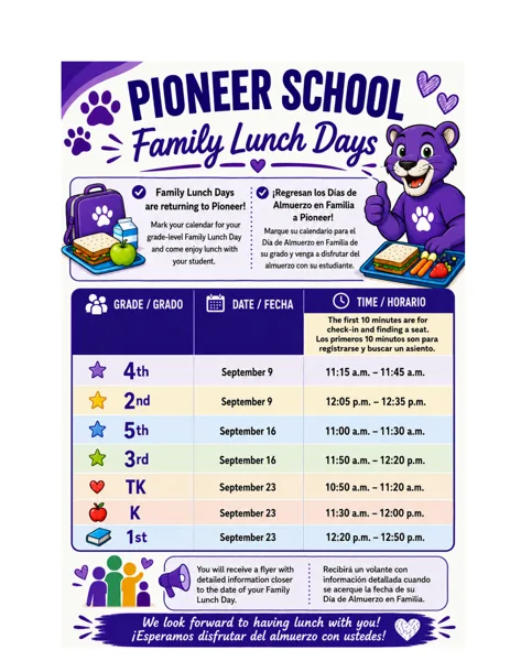 A colorful school flyer featuring a purple bear mascot and a lunch tray, announcing Family Lunch Days at Pioneer School with a schedule by grade level.