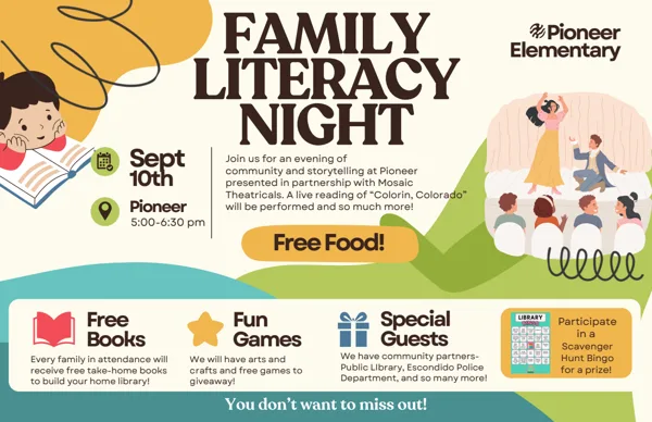 A colorful school event flyer featuring illustrated children reading and a theatrical performance scene, promoting a Family Literacy Night at Pioneer Elementary.