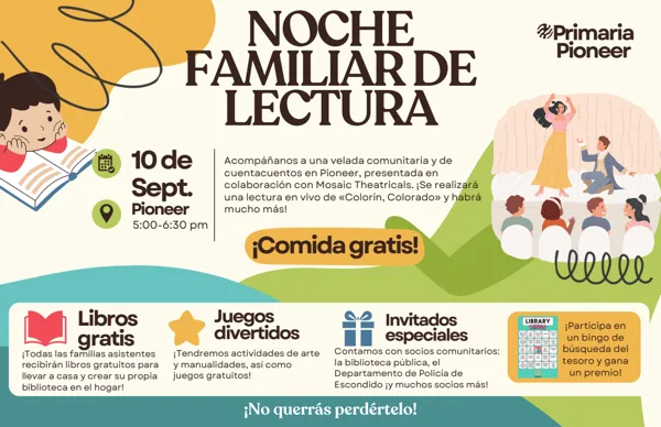 Un folleto colorido con ilustraciones de niños leyendo y personas en una obra de teatro, en tonos verdes, amarillos y turquesa, que anuncia un evento escolar nocturno.