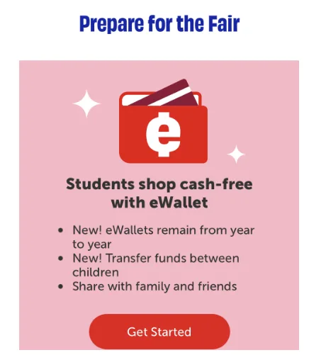 A pink promotional card showing a red digital wallet icon with the letter e, advertising the Scholastic Book Fair eWallet feature.