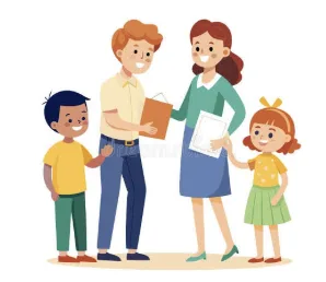 A man and woman exchange documents while standing with two young children.