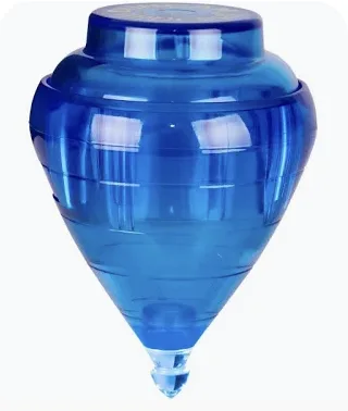 A translucent blue plastic spinning top with horizontal ridges and a pointed tip, shown against a white background.