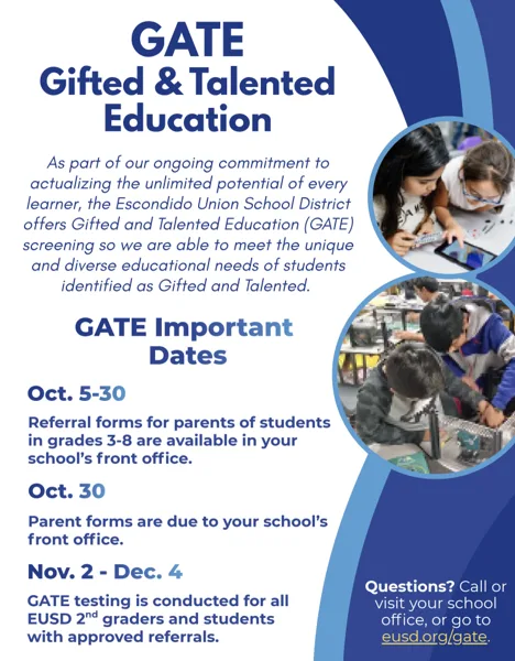 A school flyer showing two circular photos of elementary-aged students working together on hands-on learning activities.