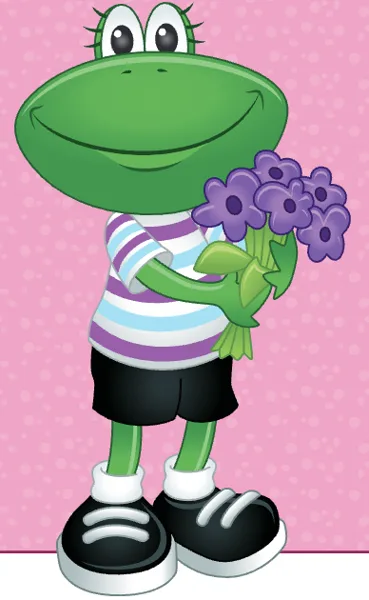 A cartoon green frog character wearing a striped shirt and black shorts holds a bouquet of purple flowers against a pink polka-dot background.