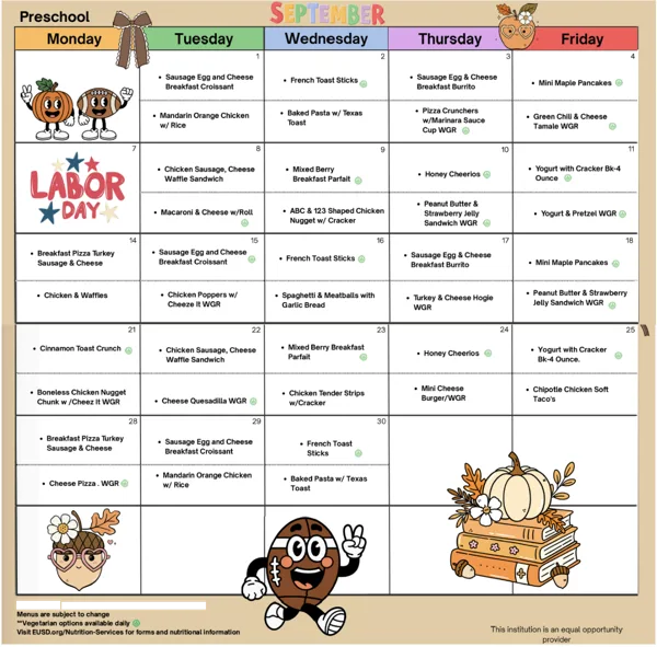 A colorful preschool school meal calendar for September showing daily breakfast and lunch options for each weekday, decorated with cartoon pumpkin, football, and acorn characters.