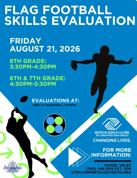 A blue and white sports flyer featuring silhouettes of football players in action, promoting a flag football skills evaluation event organized by Boys & Girls Clubs of Greater San Diego and Escondido Union School District.