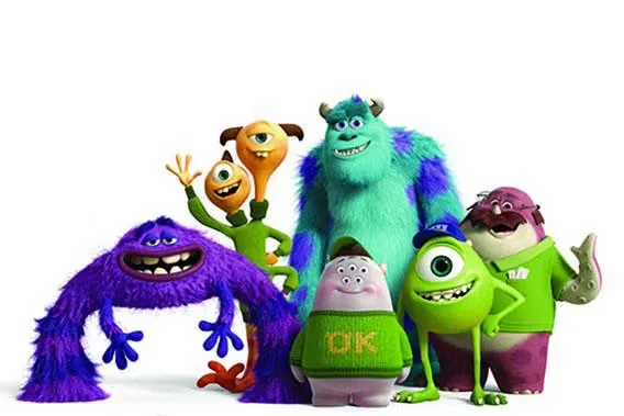Animated monster characters from the Pixar film Monsters University pose together against a white background.