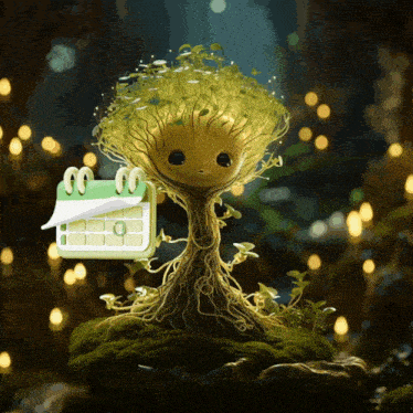A small animated tree creature with a round face holds a calendar while standing on a mossy mound in a glowing enchanted forest.