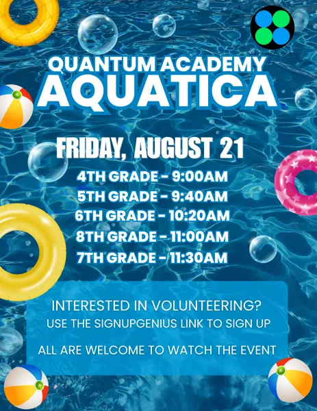 A colorful pool-themed school event flyer decorated with beach balls, inflatable rings, and bubbles floating on blue water.