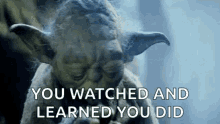 A CGI character of Yoda from Star Wars speaks with white caption text overlaid on a dark, misty background.