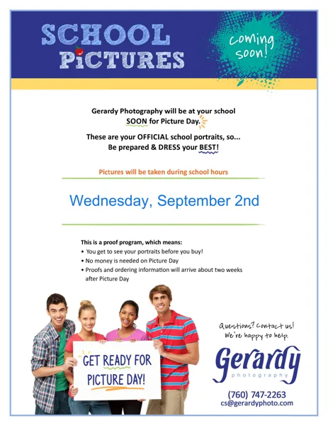 A colorful school picture day flyer showing four smiling young people holding a sign, with event details from Gerardy Photography.