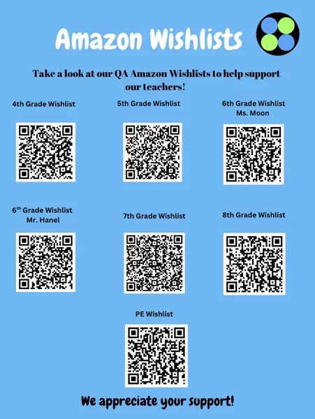 A blue school flyer displaying seven Amazon wishlist QR codes organized by grade level, from 4th through 8th grade plus PE, with a request for community support.