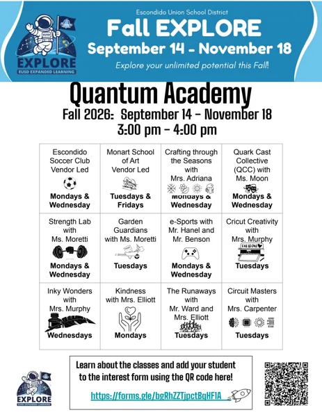 A colorful school program flyer featuring an astronaut mascot and a grid of after-school enrichment classes offered at Quantum Academy.