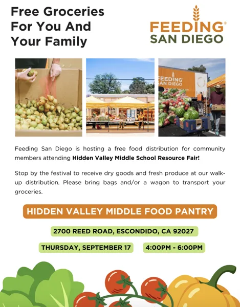 A flyer showing volunteers distributing boxes of fresh pears and produce at an outdoor food distribution event organized by Feeding San Diego.