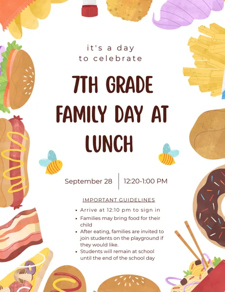 A colorful school flyer decorated with illustrated food items including a hot dog, burger, fries, donut, and noodles, announcing a family lunch event for 7th graders.