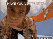 A young person looks directly at the camera outdoors in a snowy setting, with text reading "Have you voted yet?" overlaid on the image.