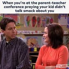 "When you're at the parent-teacher conference praying your kid didn't talk smack about you," two adults sit nervously in a colorful classroom, TV Land watermark visible.