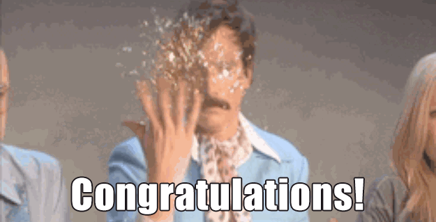 A person throws glitter in their own face while the word "Congratulations!" appears at the bottom.