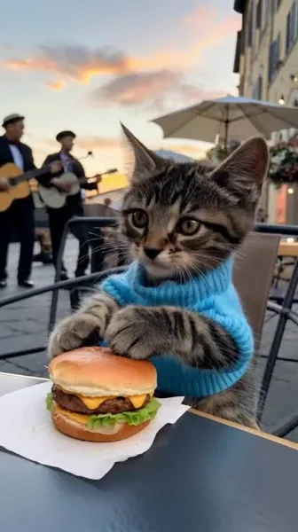 A kitten wearing a blue turtleneck sweater sits at an outdoor café table with its paws on a cheeseburger, while two musicians play guitar in the background at sunset.