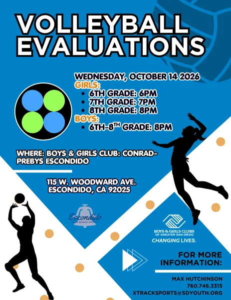 A blue and white sports flyer showing silhouettes of volleyball players jumping and serving, with event details for volleyball evaluations at a Boys and Girls Club in Escondido.