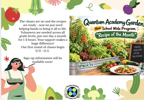 A colorful school flyer showing a lush raised garden bed filled with vegetables, a plate of fresh food, and a chalkboard sign, surrounded by illustrated produce decorations.