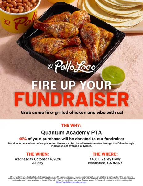A promotional flyer showing a tray of fire-grilled chicken pieces, a cup of beans, tortillas, and green salsa sauce on a sandy surface.