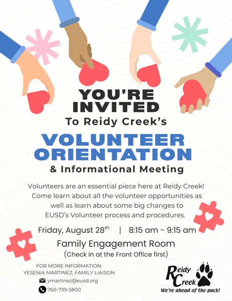 A flyer showing four diverse hands each holding a small red heart, with colorful snowflake shapes and puzzle pieces as decorative accents around event details.
