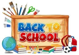 A colorful Back to School graphic features school supplies including pencils, books, a globe, and a backpack arranged around a wooden chalkboard sign.