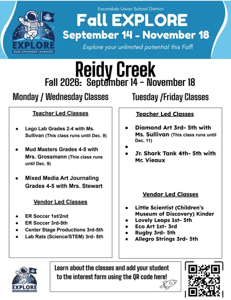 A school flyer for the Reidy Creek Fall EXPLORE enrichment program showing an astronaut mascot and lists of after-school classes offered on different days.