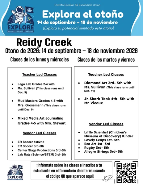 Un volante informativo de color azul y blanco con la imagen de un astronauta, dividido en dos columnas con recuadros blancos que listan actividades escolares extraescolares.
