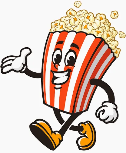 A cartoon popcorn bucket character with a smiling face, arms, and legs is walking and waving.