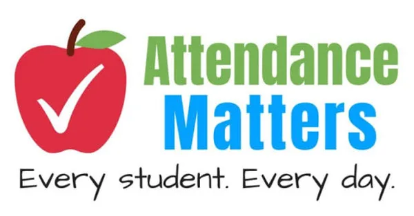 A red apple with a white checkmark accompanies the text "Attendance Matters – Every student. Every day." in green and blue lettering.