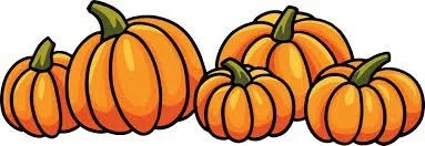 A group of cartoon-style orange pumpkins with green stems arranged together in a row.