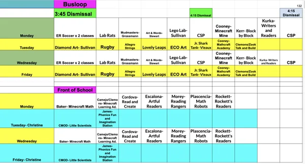 A color-coded weekly schedule grid showing after-school programs organized by day, location, dismissal time, and activity name with instructor.
