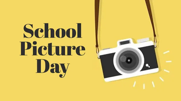 "School Picture Day" graphic with an illustrated camera on a yellow background.