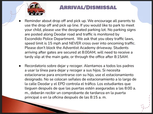 A school flyer with a cartoon red car illustration showing arrival and dismissal reminders for parents in English and Spanish.