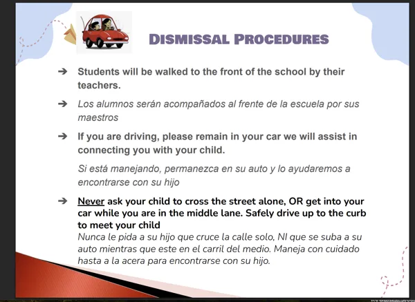 A school dismissal procedures slide written in English and Spanish, listing safety rules for parents picking up children by car.