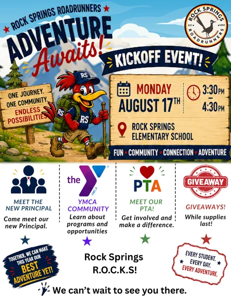 A colorful school event flyer featuring a cartoon roadrunner mascot wearing a backpack and hiking gear on a mountain trail, with event details on a wooden sign backdrop.