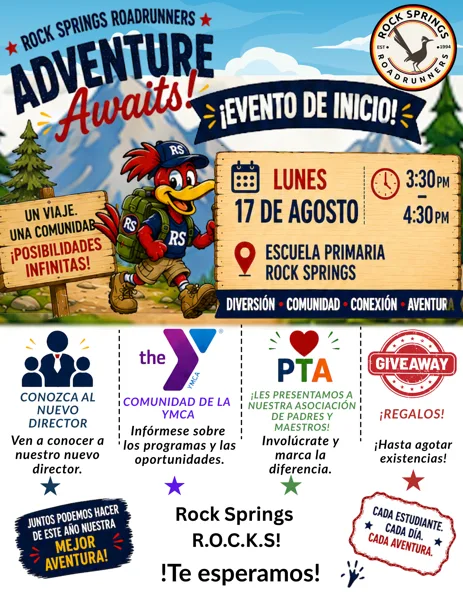 A colorful bilingual school event flyer for Rock Springs Roadrunners featuring a cartoon roadrunner mascot with a backpack, announcing a kickoff event on Monday, August 17 from 3:30 to 4:30 PM at Rock Springs Elementary School.