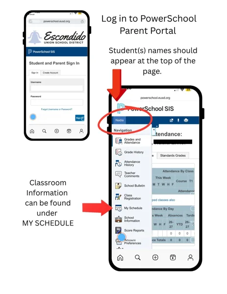 A school flyer showing two smartphone screenshots demonstrating how to log in to the PowerSchool Parent Portal and find classroom information on the Escondido Union School District website.