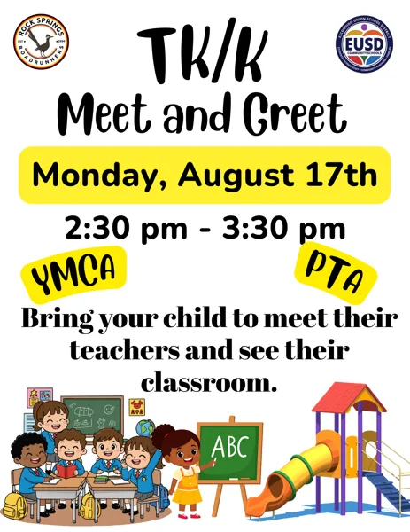 A colorful school flyer showing cartoon children in a classroom and a playground structure, promoting a TK/K Meet and Greet event at Rock Springs Elementary, part of Escondido Union School District.