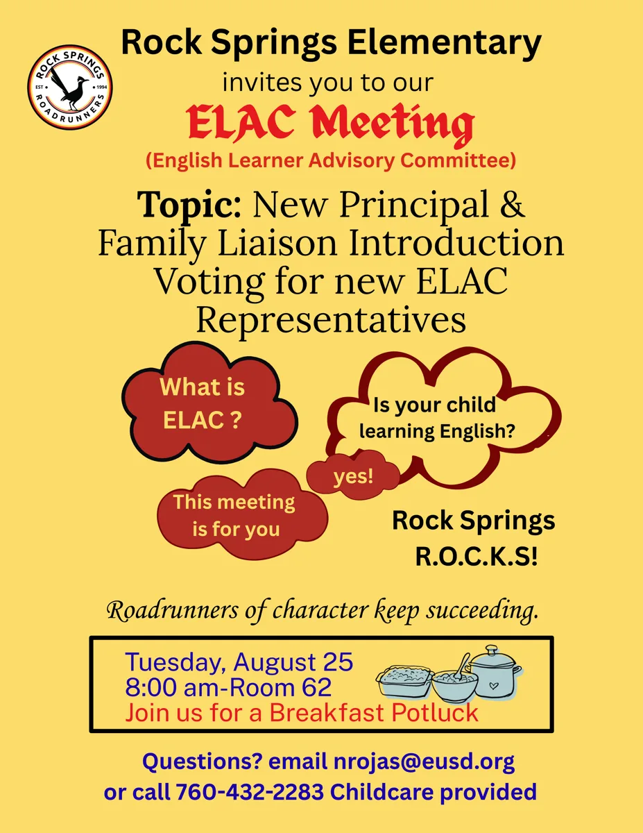 A yellow flyer with the school roadrunner logo, red speech-bubble graphics, and a boxed meeting date with an illustration of potluck dishes.