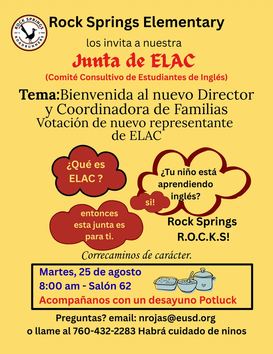 Yellow flyer with the school roadrunner logo, red speech bubbles asking about ELAC, and a boxed section with meeting details and a potluck breakfast illustration.